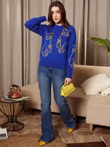 Berrylush Cat Printed Acrylic Pullover Sweater