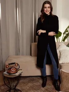 Berrylush Ribbed Turtle Neck Drop Shoulder Split Hem Longline Pullover Sweater