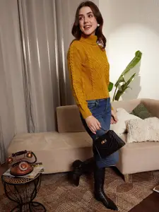 Berrylush Mustard Yellow Cable Knit Self Design Turtle Neck Acrylic Pullover Sweater