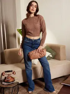 Berrylush Cable Knit Self Design Acrylic Crop Pullover Sweater