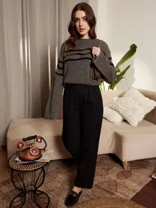Berrylush Grey & Black Striped Acrylic Pullover Sweater