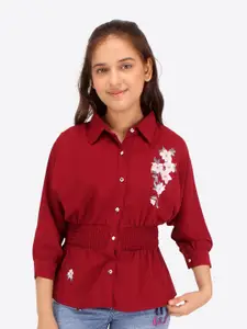 CUTECUMBER Girls Floral Printed Shirt Collar Smocked Shirt Style Top