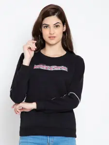 FLOSBERRY Typography Printed Round Neck Long Sleeves Fleece Pullover Sweatshirt