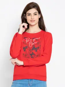 FLOSBERRY Conversational Printed Round Neck Long Sleeves Fleece Pullover Sweatshirt