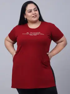 Trend Level Plus Size Typography Printed Pure Cotton Longline T-shirt