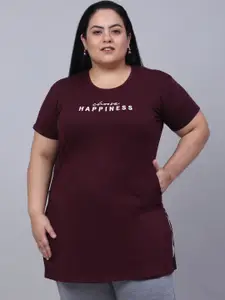 Trend Level Plus Size Typography Printed Pure Cotton Longline T-shirt