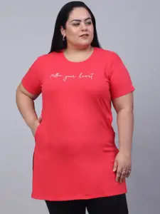 Trend Level Plus Size Typography Printed Pure Cotton Longline T-shirt