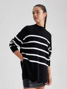 DeFacto Striped High Neck Long Sleeves Pure Acrylic Longline Pullover Sweater