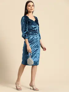 WoowZerz Puff Sleeve Velvet Bodycon Midi Dress