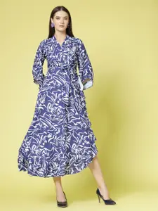 Kook N Keech Blue Floral Printed Slit Sleeve Ruffled Fit & Flare Midi Dress