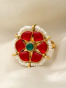 PANASH Gold-Plated Stone-Studded & Pearl Beaded Finger Ring