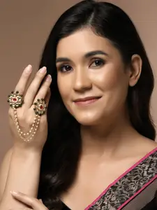 PANASH Gold-Plated Stone-Studded & Pearl Beaded Finger Ring