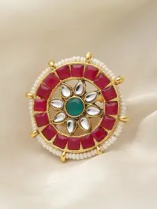 PANASH Gold-Plated Kundan-Studded & Pearl Beaded Finger Ring