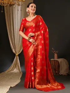 Anouk Red & Gold-Toned Ethnic Motifs Zari Satin Banarasi Saree