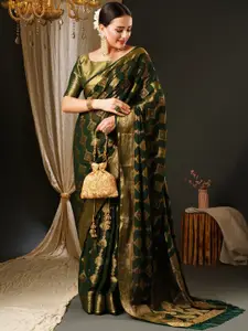 Anouk Green & Gold-Toned Ethnic Motifs Woven Design Zari Pure Georgette Kanjeevaram Saree
