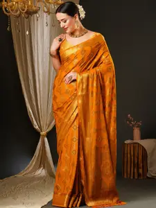Anouk Mustard & Gold-Toned Ethnic Motifs Woven Design Zari Georgette Kanjeevaram Saree