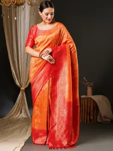 Anouk Peach-Coloured & Red Ethnic Motifs Woven Design Zari Pure Silk Kanjeevaram Saree