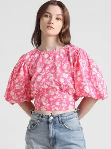 ONLY Floral Print Puff Sleeve Cotton Crop Top