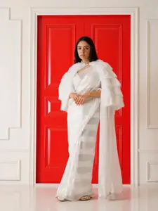 Tikhi Imli White Striped Saree With Fur Cape