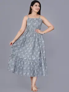 ao services Floral Printed Shoulder Strap Fit and Flare Pleated Cotton Midi Dress