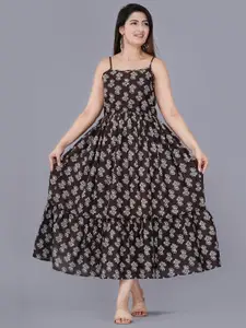 ao services Floral Printed Shoulder Strap Fit and Flare Pleated Cotton Midi Dress