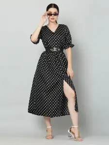 SQew Black Polka Dot Print A-Line Midi Dress