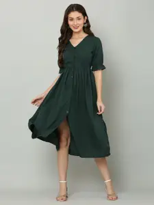 SQew Green Puff Sleeve A-Line Midi Dress