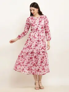 SQew Pink Floral Print A-Line Midi Dress