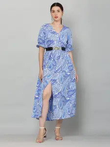SQew Blue Ethnic Motifs Print A-Line Midi Dress