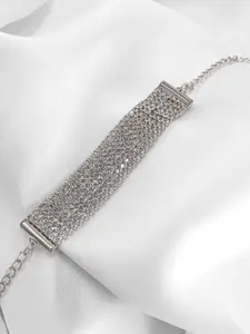 PRIVIU Women Silver-Toned & White American Diamond Rhodium-Plated Wraparound Bracelet