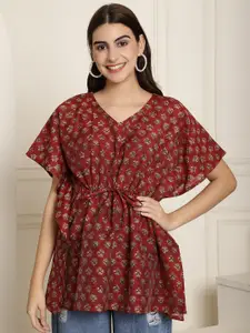 Aawari Maroon Floral Print Extended Sleeves Pure Silk Cinched Waist Top