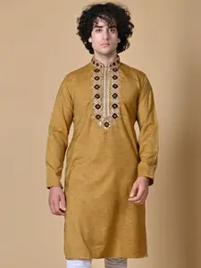 MAAHI FABS Men Mustard Yellow Yoke Design Regular Thread Work Kurta with Pyjamas