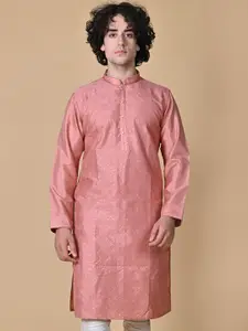 MAAHI FABS Men Pink Embroidered Regular Sequinned Kurta with Churidar