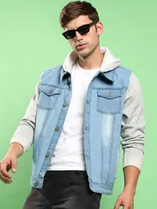 Campus Sutra Washed Colourblocked Hooded Windcheater Cotton Denim Jacket