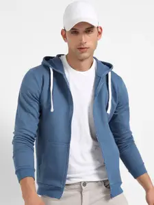 Campus Sutra Blue Hooded Cotton Front Open Sweatshirt