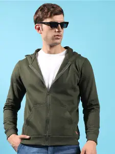 Campus Sutra Green Hooded Cotton Front Open Sweatshirt