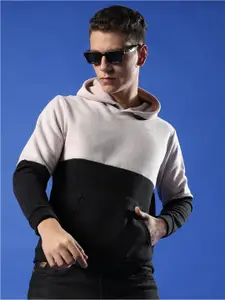 Campus Sutra Grey & Black Colourblocked Hooded Cotton Pullover Sweatshirt
