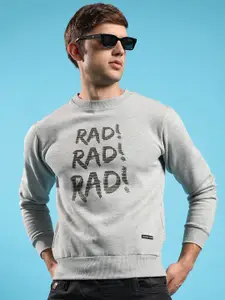 Campus Sutra Grey Typography Printed Cotton Pullover Sweatshirt