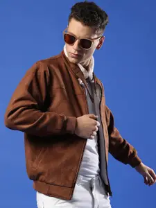 Campus Sutra Zip-Front Windcheater Stand Collar Suede Tailored Jacket