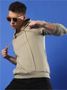 Campus Sutra Beige Hooded Cotton Pullover Sweatshirt