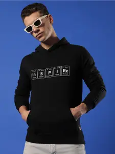 Campus Sutra Black Typography Printed Hooded Cotton Pullover Sweatshirt