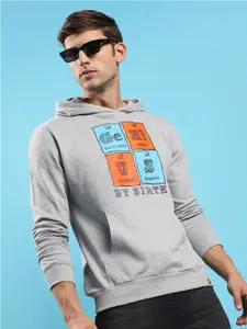 Campus Sutra Grey Typography Printed Hooded Cotton Pullover Sweatshirt