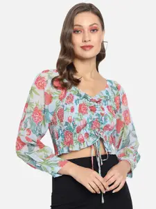Trend Arrest Floral Printed Smocked Georgette Semi Sheer Blouson Crop Top