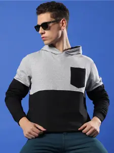 Campus Sutra Colourblocked Hooded Cotton Pullover Sweatshirt