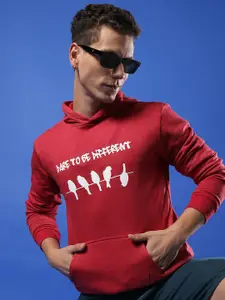 Campus Sutra Red Typography Printed Hooded Cotton Sweatshirt