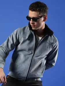 Campus Sutra Stand Collar Long Sleeve Zip Detail Windcheater Suede Bomber Jacket