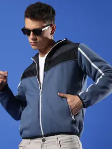 Campus Sutra Colourblocked Hooded Windcheater Zip Detail Bomber Jacket