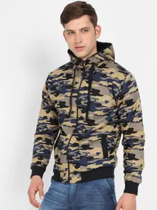 Campus Sutra Navy Blue Camouflage Printed Hooded Cotton Sweatshirt