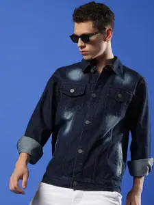 Campus Sutra Spread Collar Washed Windcheater Cotton Denim Jacket