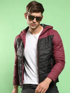 Campus Sutra Maroon & Black Colourblocked Hooded Padded Jacket